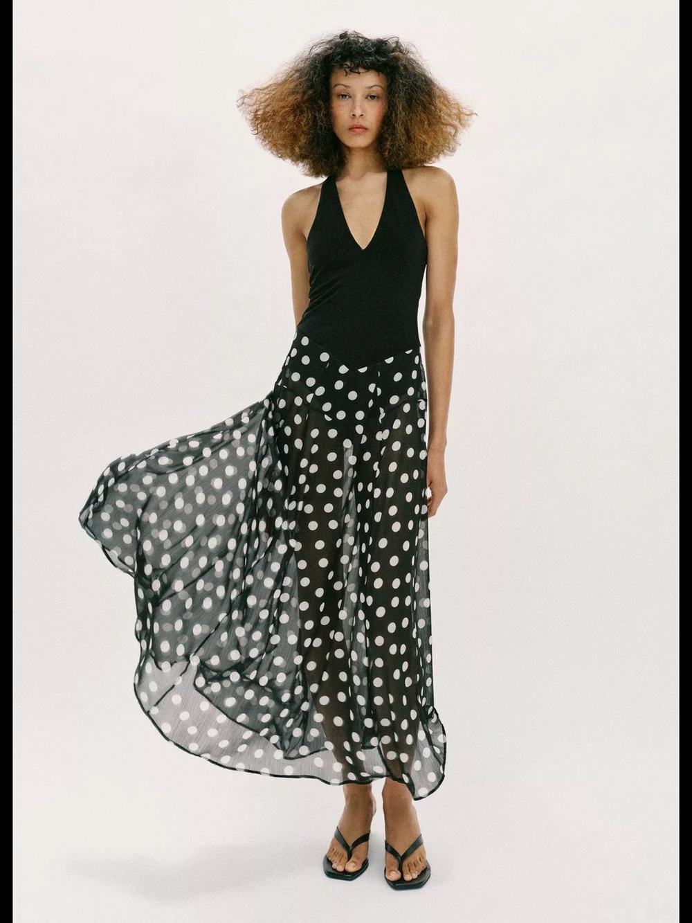 Zara Black Maxi Skirt with White Polka Print